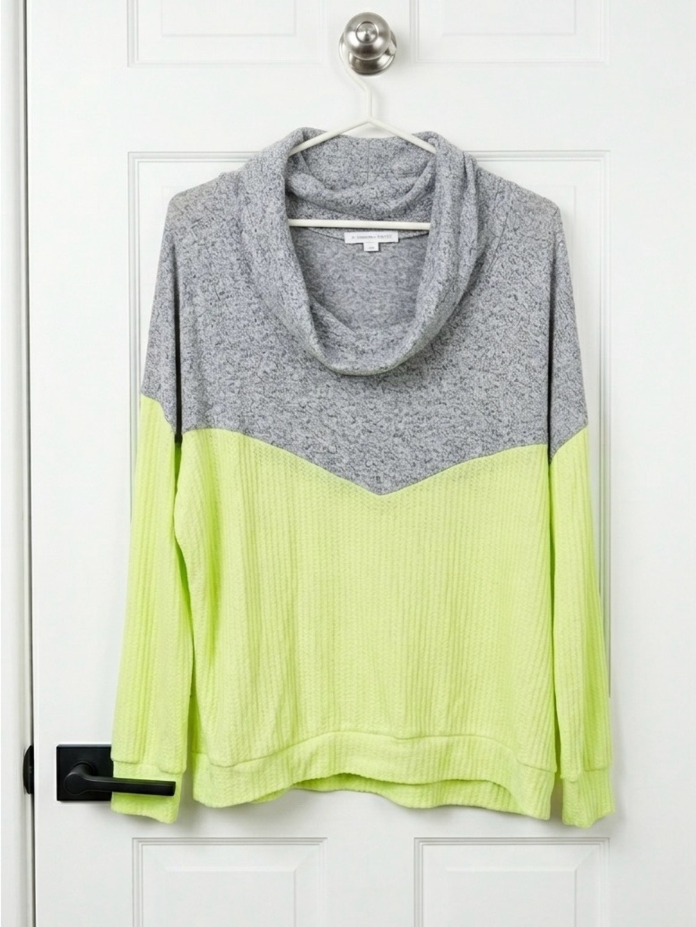 Cowl Neck Colorblock Sweater - Gray & Lime